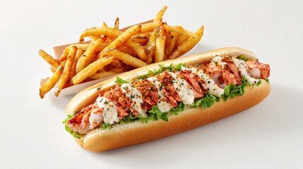 A delicious lobster roll served with crispy French fries, featuring fresh lettuce and a creamy sauce, perfect for seafood lovers.