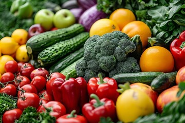 Title: Bursting with Freshness: A Stunning Close-up of Colorful Fruits and Vegetables at a Farmers Market.