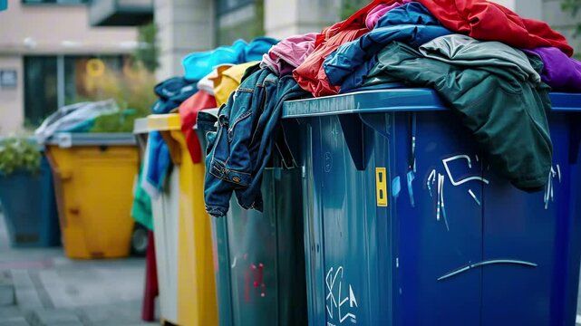 Overflowing clothing bins on city street with jackets and garments spilling out under daylight. Concept of textile waste and fast fashion crisis, clothing donation