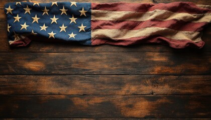 Fototapeta premium Vintage American Flag Draped on Rustic Wooden Table