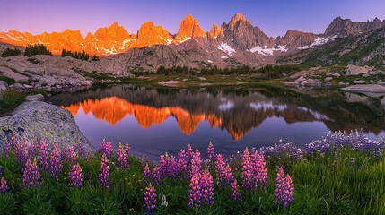 The golden morning sun illuminates the mountains, tinting the jagged peaks with a fiery alpine glow, while clear alpine lakes reflect the colors of the sky and bloom with wild lupine flowers.