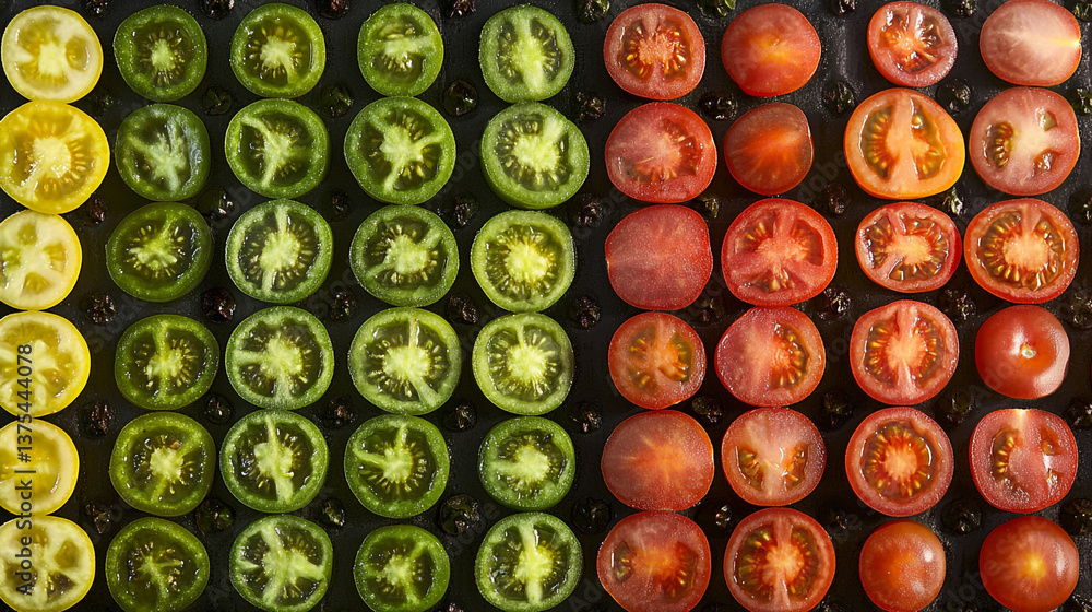 Poster sliced tomatoes arranged by color from yellow green to red on a dark surface forming rows and column