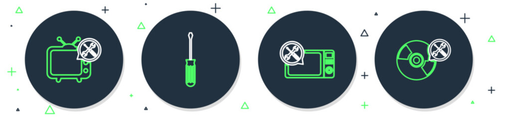 Set line Screwdriver, Microwave oven service, Tv and CD or DVD disk icon. Vector