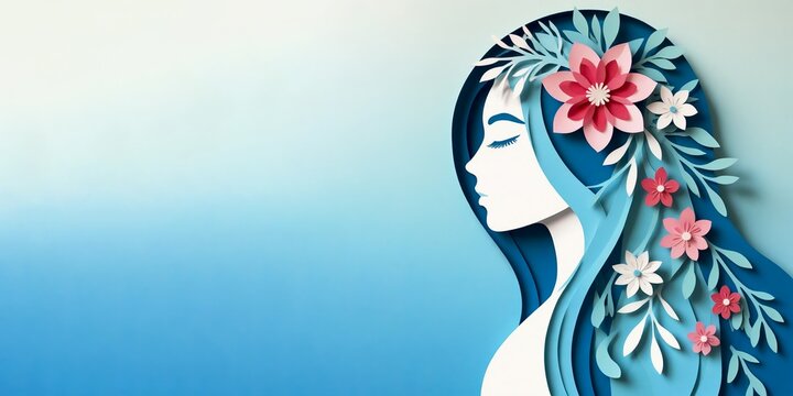 Ilustraci&oacute;n de estilo papel  de cara y flores con espacio de texto para el D&iacute;a Internacional de la Mujer