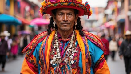 Fototapeta premium A colorful performer dressed in a detailed traditional costume dances in a festive parade.