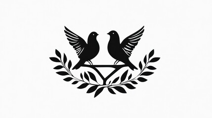 Obraz premium Two doves perched on branch, olive wreath, peace symbol, white background, wedding invitation