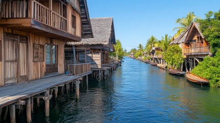 Serene Waterfront Village with Traditional Wooden Houses in Thailand