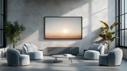 Modern loft living room with framed sunrise cityscape