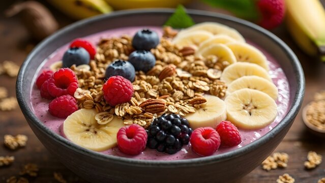 Delicious smoothie bowl topped with fresh fruits and granola, a healthy breakfast option enjoyed at home in the morning Generative AI
