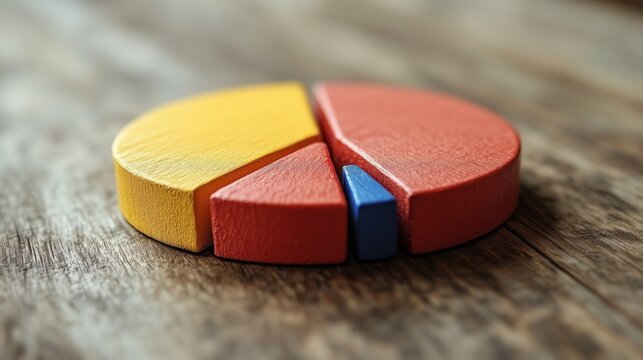 Colorful wooden pie chart model demonstrating data representation on a wooden table for educational purposes - Powered by Adobe