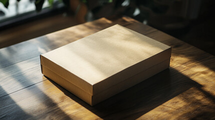 A closed rectangular cardboard box sitting on a wooden table bathed in sunlight near a window