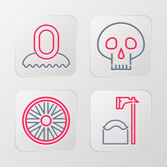 Set line Executioner axe in tree block, Old wooden wheel, Skull and Medieval hood icon. Vector