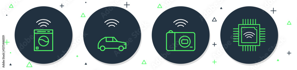 Poster set line smart car system with wireless, photo camera, washer and processor microcircuits cpu icon. 