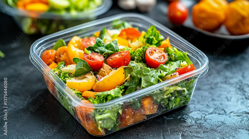 Poster salad with tomatoes and squash in a clear plastic container on a dark textured surface closeup view
