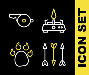 Set line Camping gas stove, Hipster arrows, Paw print and Whistle icon. Vector