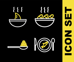 Set line Fish soup, Served fish on a plate, Caviar spoon and Shark fin icon. Vector