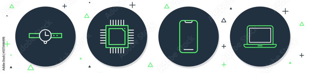 Poster set line processor with microcircuits cpu, smartphone, wrist watch and laptop icon. vector