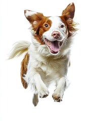 A lively dog caught mid-jump, tail and ears flying, full of happiness and energy, set against a neutral white background.