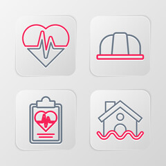 Set line House flood, Health insurance, Worker safety helmet and icon. Vector