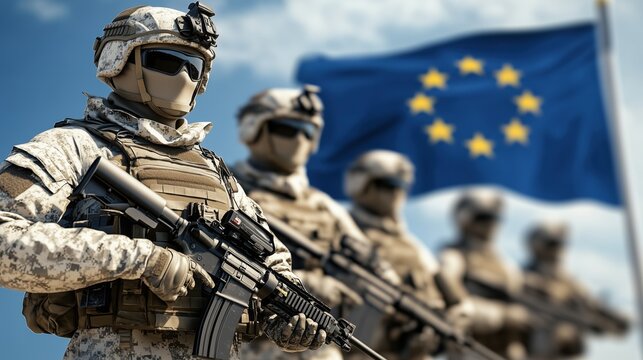 Soldiers in military gear stand with firearms under European Union flag during a training exercise in a sunny outdoor setting