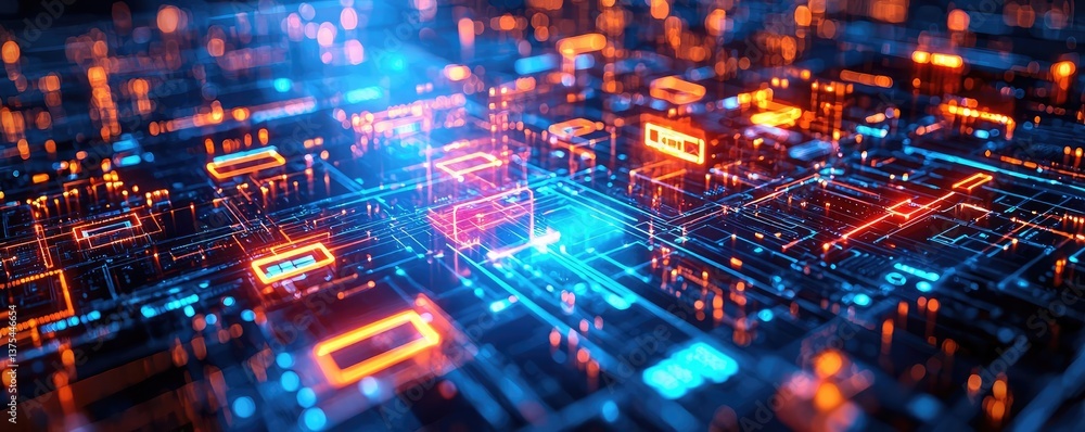 Aufkleber motion blur city in a digital future with technology panorama concept. vibrant data visualization wi