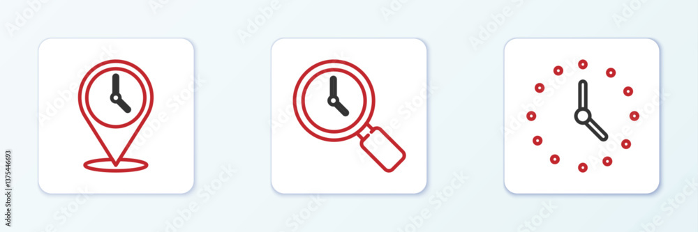 Aufkleber set line clock, location with clock and magnifying glass icon. vector