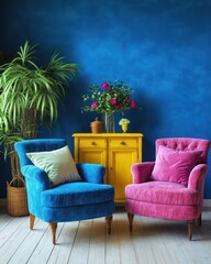 Vibrant Interior Design with Colorful Armchairs and Vintage Cabinet in Mexican Style Living Room