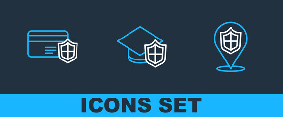 Set line Location shield, Credit card with and Graduation cap icon. Vector