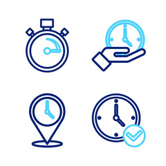Set line Clock, Location with clock, and Stopwatch icon. Vector