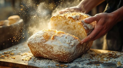 Freshly baked bread break revealing soft interior, artisanal baking, golden crust, flour dust, rustic kitchen, warm afternoon light