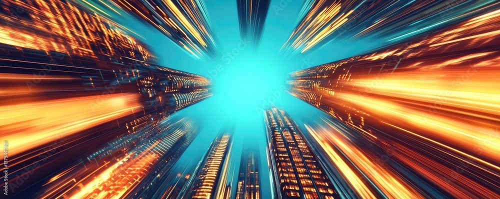 Poster motion blur city with futuristic skyline and digital technology concept. dynamic urban skyline with 