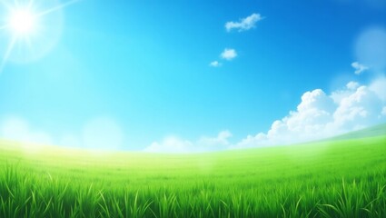 Green grass field with sun shining and white clouds in blue sky
