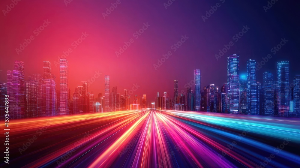 Poster motion blur city with futuristic panorama and cyberspace landscape concept. a vibrant cityscape show