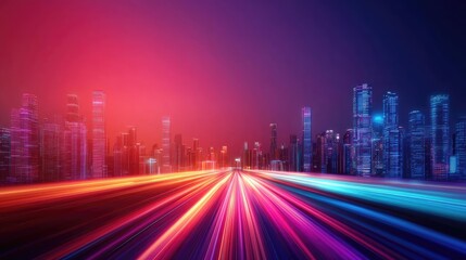 Fototapeta premium Motion blur city with futuristic panorama and cyberspace landscape concept. A vibrant cityscape showcasing colorful lights and dynamic motion.