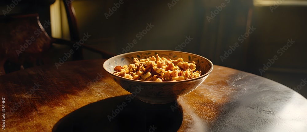 Poster a simple minimalist composition featuring a neutral bowl of food placed in a studio setting with dra