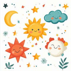 Handwriting Practice and Fun Learning Game for Kids with Sunshine, Clouds, Stars and Simple Shapes