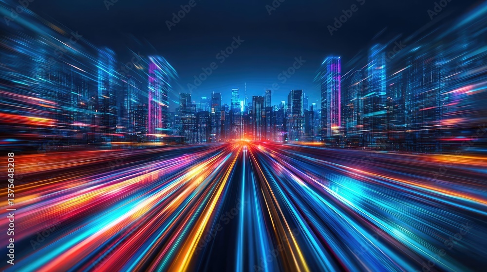 Poster motion blur city with futuristic panorama and cyberspace landscape concept. dynamic cityscape with b