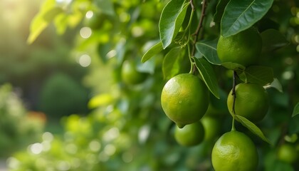 Fresh limes hang from a tree in a sunlit garden, showcasing vibrant green colors and healthy foliage during a warm afternoon in late spring Generative AI