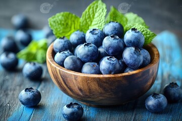 Fresh Blueberries in Rustic Wooden Bowl on Weathered Blue Table