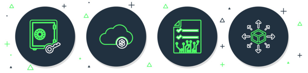 Set line Cryptocurrency cloud mining, Smart contract, Proof of stake and Distribution icon. Vector