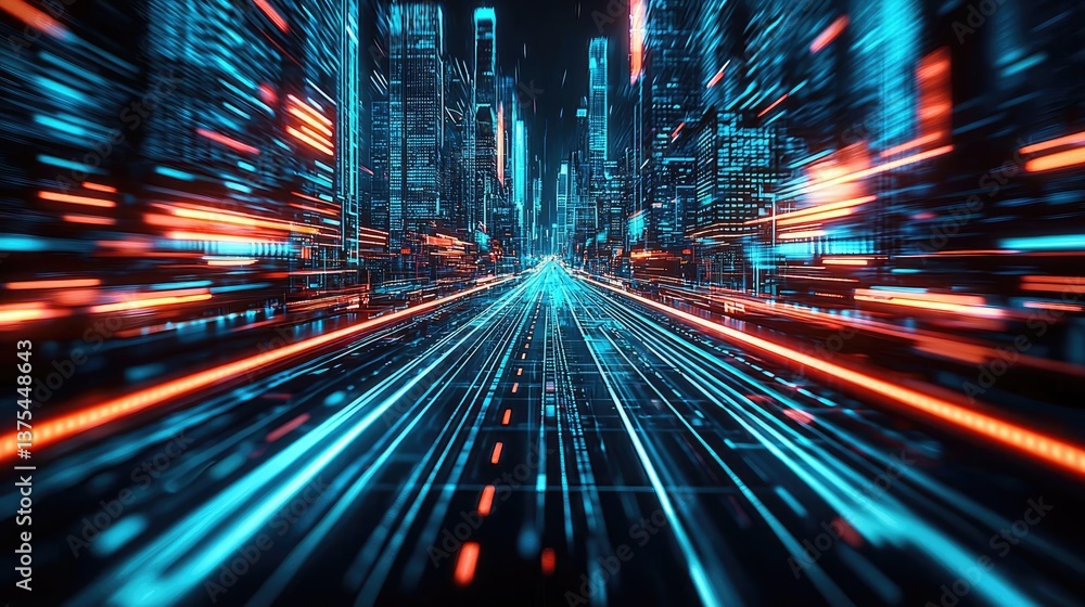 Poster motion blur city with futuristic skyline and digital technology concept. futuristic cityscape with g
