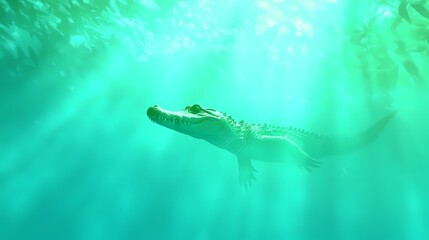 Underwater Crocodile, Crocodile swimming underwater, sunbeams shining through the water
