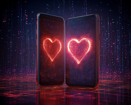 Two phones, hearts, digital love, futuristic