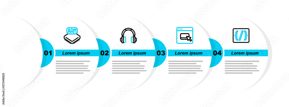 Poster set line programming language syntax, browser files, headphones and processor icon. vector