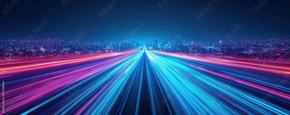 Poster motion blur city with futuristic skyline and digital technology concept. dynamic light trails illumi