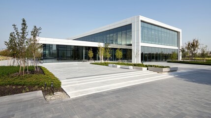 Obraz premium A sleek glass office building with modern architecture, perfect for corporate fashion styles and promotional content,