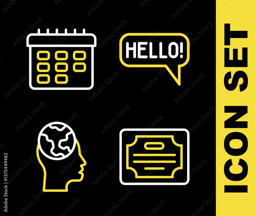 Poster set line hello in different languages, certificate template, learning foreign and school timetable i
