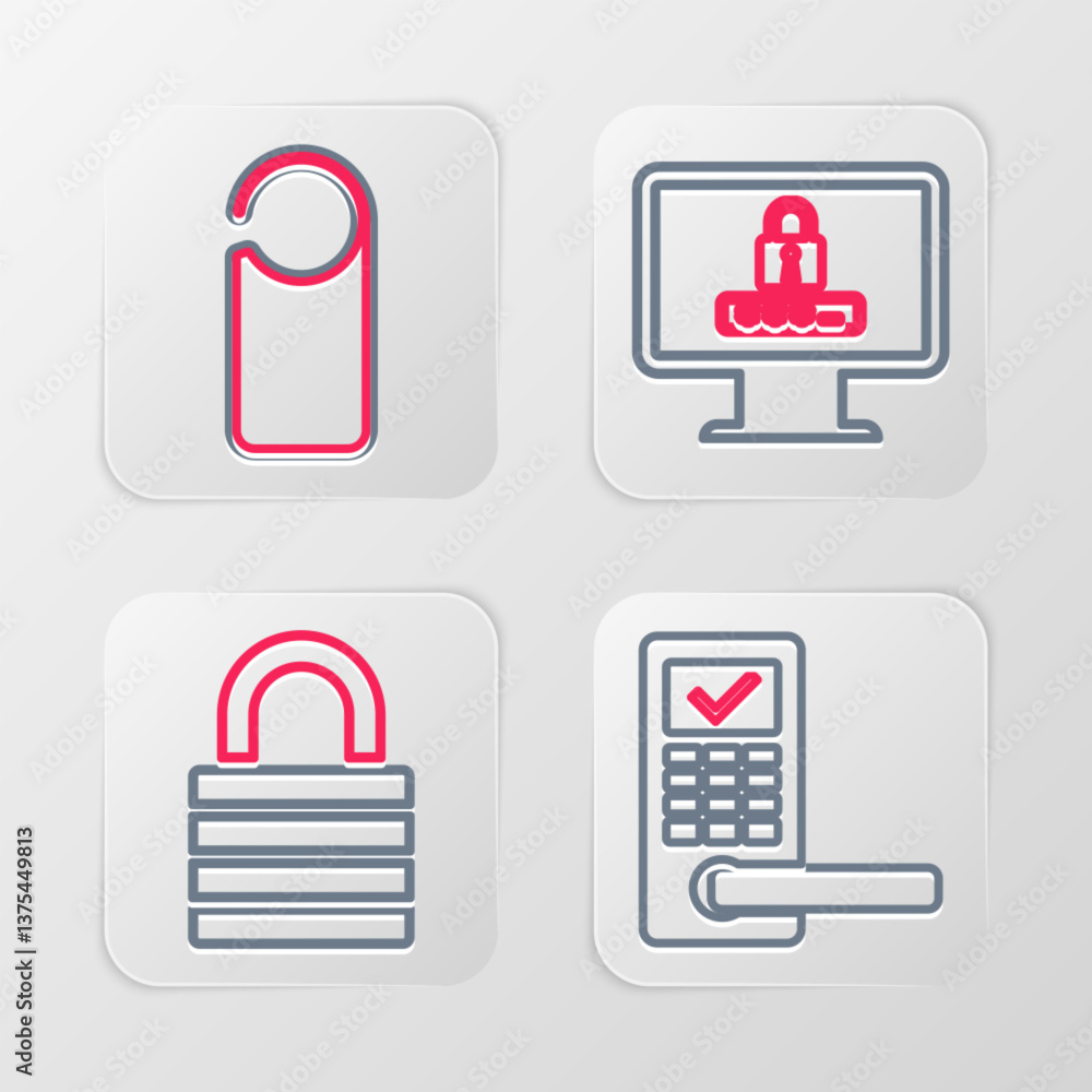 Poster set line digital door lock with wireless, lock, monitor password and please not disturb icon. vector