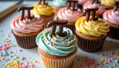  Assorted cupcakes with multicolored icing and chocolate Pi symbols.

