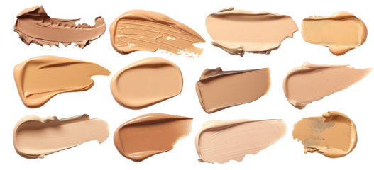 Collection of twelve different foundation cream textures in various beige tones isolated on white background